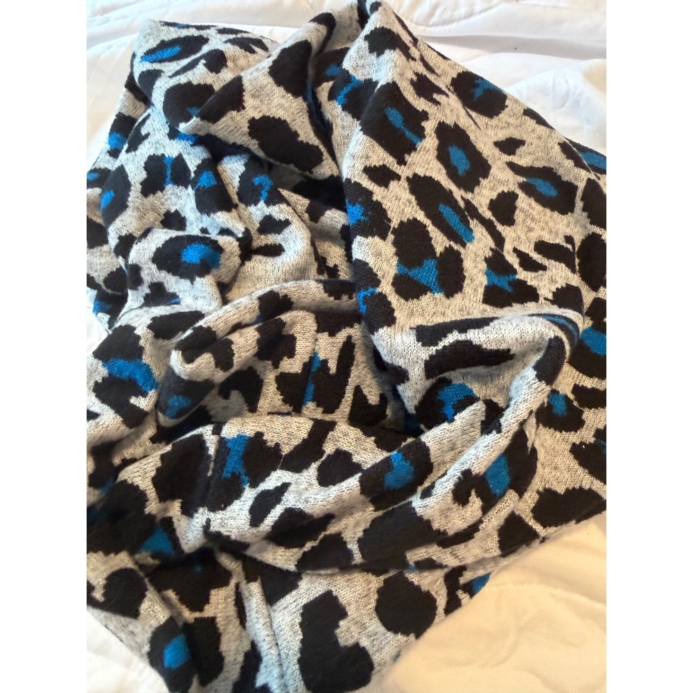 Blue Grey Black Leopard Print Infinity Scarf Soft Knit Animal Pattern Loop Scarf